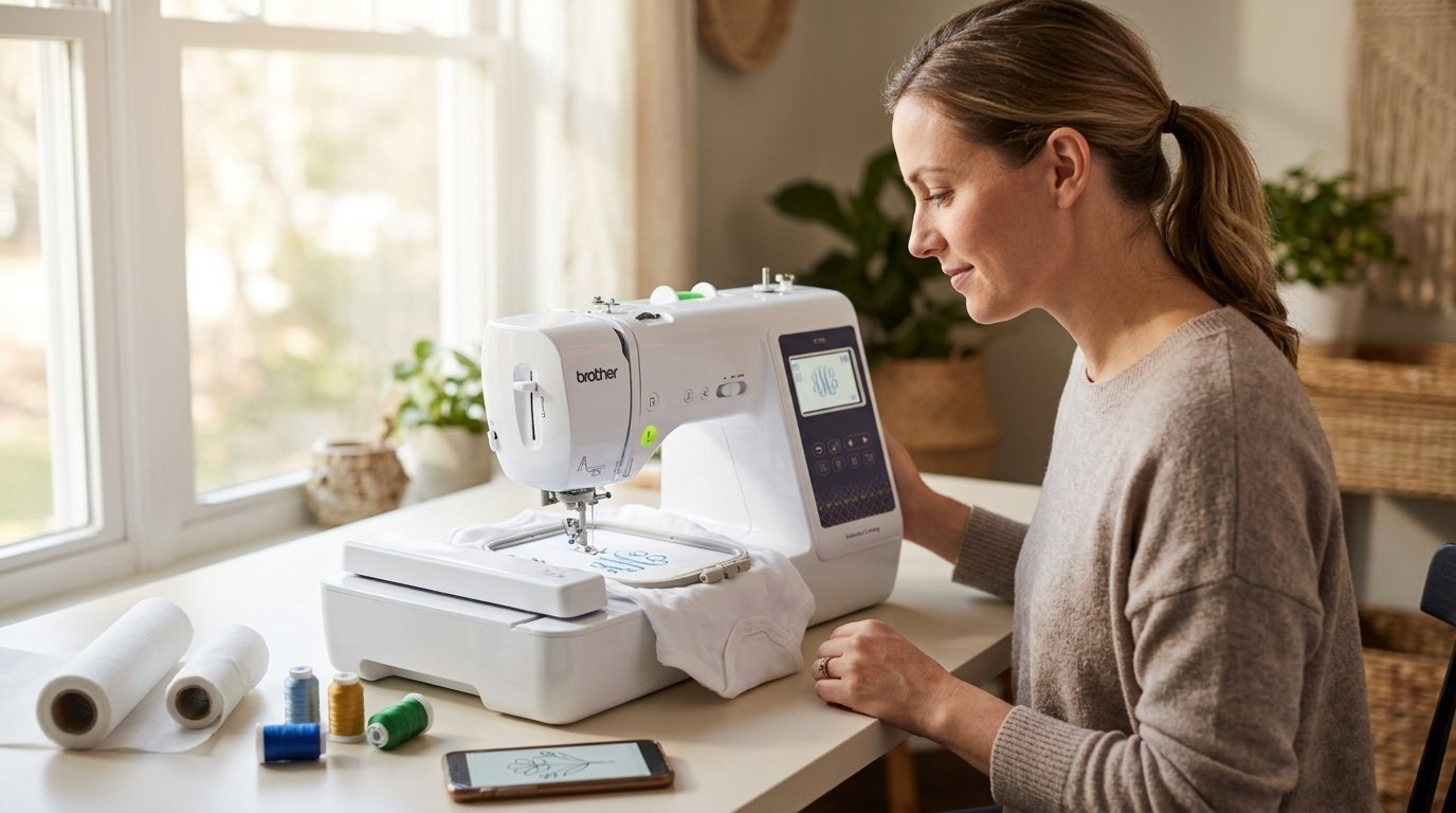 A woman at a sunlit craft table watching a Brother SE700 stitch a monogram on a baby onesie in the 4x4 hoop
