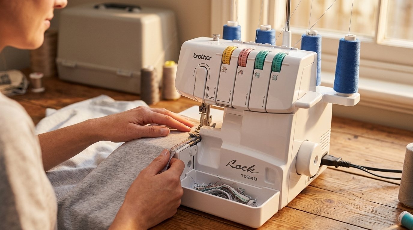 Hands guiding a soft knit fabric through a Brother 1034D serger on a wooden sewing table, four color-coded threads visible and a finished overlocked edge coming out behind the presser foot